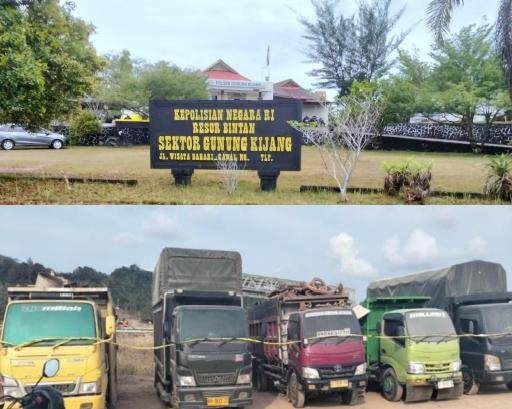Pencurian Besi Scrap 30 Ton di PT BAI, Pelaku Masih Misterius, Polisi Lakukan Penyelidikan Lima unit lori yang diamankan Polsek Gunung Kijang