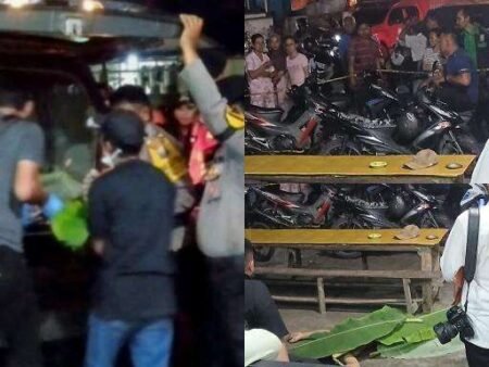 Anggota kepolisian Polsek Tanjungpinag Timur dan Polresta Tanjungpinang mendatangi TKP melakukan evakuasi tubuh pria AH (57) yang ditemukan meninggal dunia mendadak di warung tuak jalan Kijang Lama KM 6, Senin (04/05/2026)  