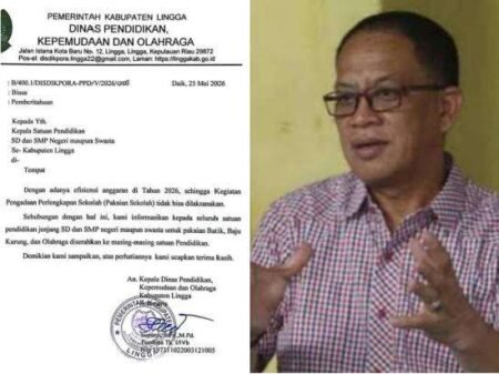 Mantan Bupati Lingga Alias Wello. (2) surat edaran penghapusan pengadaan seragam sekolah gratis oleh Disdikpora Lingga