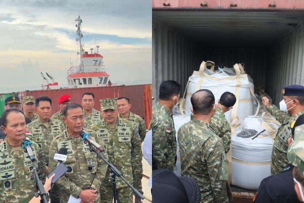 Panglima Komando Armada I (Pangkoarmada I) Laksaman Muda TNI Haris Bima M.Tr.Opsla, meninjau langsung barang bukti penggagalan penyelundupan minerba di Dermaga Kodaeral IV Batam pada Selasa (26/05/2026).