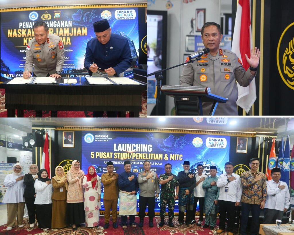 Kapolda Kepri Irjen Pol. Asep Safrudin, saat menghadiri kegiatan UMRAH Nexus Expo 2026 sekaligus launching Pusat Studi Kepolisian di Hall Galeri Tamadun Maritim, Dompak, Senin (04/05/2026).