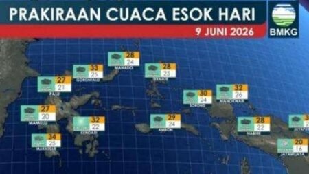 Perkiraan Cuaca Indonesia pada 9 Juni 2026 di Beberapa Kota di Indonesia Masih Berpotensi Hujan termasuk di Tanjungpinang.