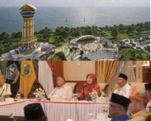Rancangan desain Museum dan Monumen Bahasa Nasional Pulau Penyengat. Sekdaprov Kepri Misni, didampingi Kepala Dinas PUPP Rodi Yantari dan Kepala Balai Pelestarian Kebudayaan Kepulauan Riau Jumhari, mempin rapat persiapan pembangunan Museum dan Monumen Bahasa Nasional Pulau Penyengat di Gedung Daerah, Tanjungpinang, Senin (29/6/2026). (ft/Kominfo Kepri)