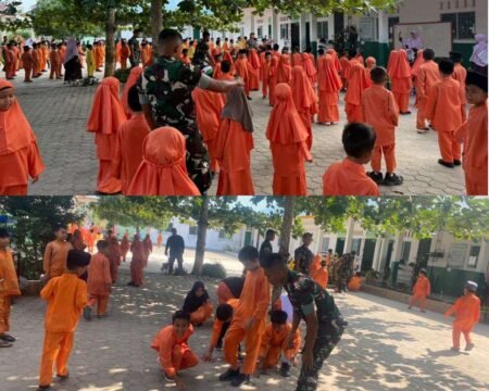 Semangat Satgas TMMD Ke-129 Kodim 0315/Tanjungpinang Senam Bersama dan Goro Bersihkan Lingkungan SDIT An-Nahl Bintan