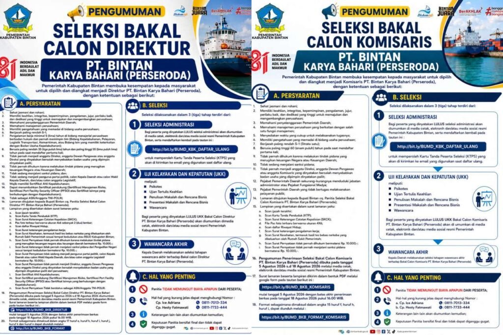 Pemkab Bintan Cari Calon Komisaris dan Direktur BUMD PT. Bintan Karya Bahari (Perseroda) Pemkab Bintan Cari Calon Komisaris dan Direktur BUMD PT. Bintan Karya Bahari (Perseroda)