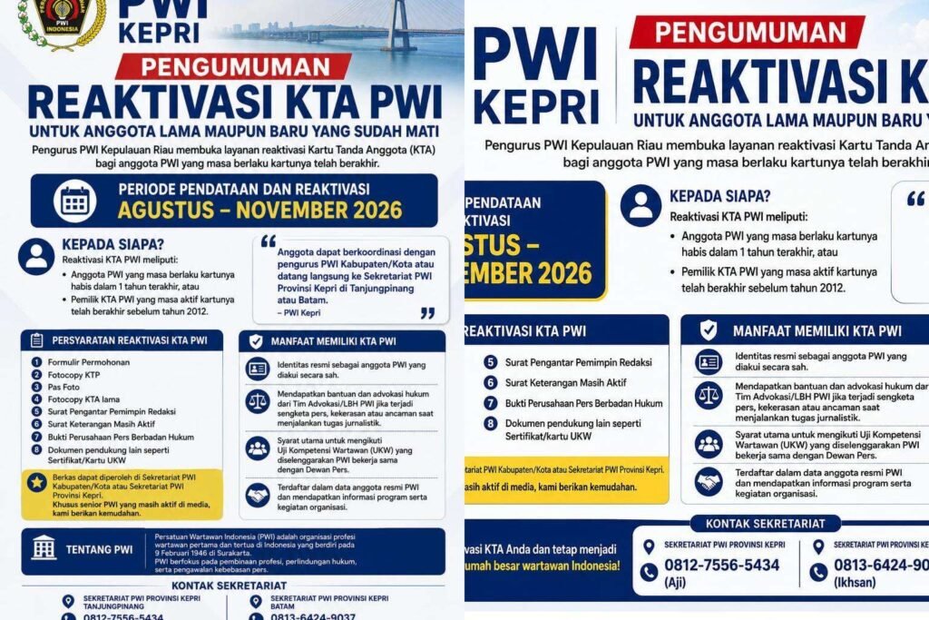 PWI Kepri Buka Reaktivasi KTA Lama dan Kedaluwarsa PWI Kepri Buka Reaktivasi KTA Lama dan Kedaluwarsa
