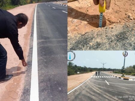 Kondisi pembangunan jalan simpang Kampung Bebek - jalan Senggarang Besar - jalan Datuk Pakau menghubungkan pelabuhan Tanjung Geliga jalur 2 tahap III Kota Tanjungpinang dinilai kurang berkualitas.(ft.tim)