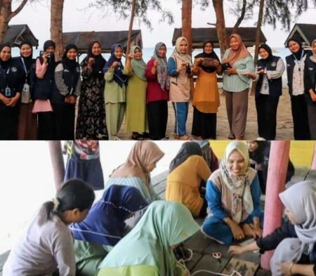 Dari tutup botol menjadi Karya, ibu-ibu Posyandu dan mahasiswa KKN STAIN SAR Kepri tumbuhkan kreativitas peduli lingkungan.(ft.hms STAIN SAR Kepri)