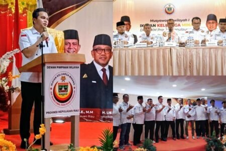 Momon Faulanda Adinata Ketua DPW IKM Kepri menyampaikan sambutan usai terpilih secara aklamasi melalui seleksi pimpinan sidang. Foto bersama usai kegiatan di Hotel Rasa Yakin Tanjungpinang, Sabtu (29/8/2026).