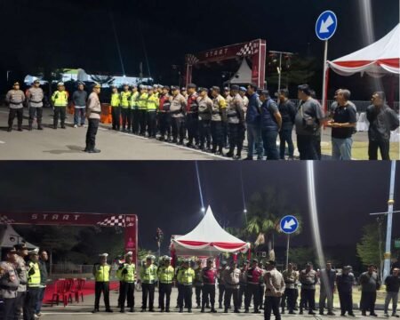 Apel persiapan pengamanan peserta Gerak Jalan Proklamasi 45 Km di Kota Tanjungpinang dengan menerjunkan ratusan personil Polresta Tanjungpinang, Sabtu (29/8/2026).