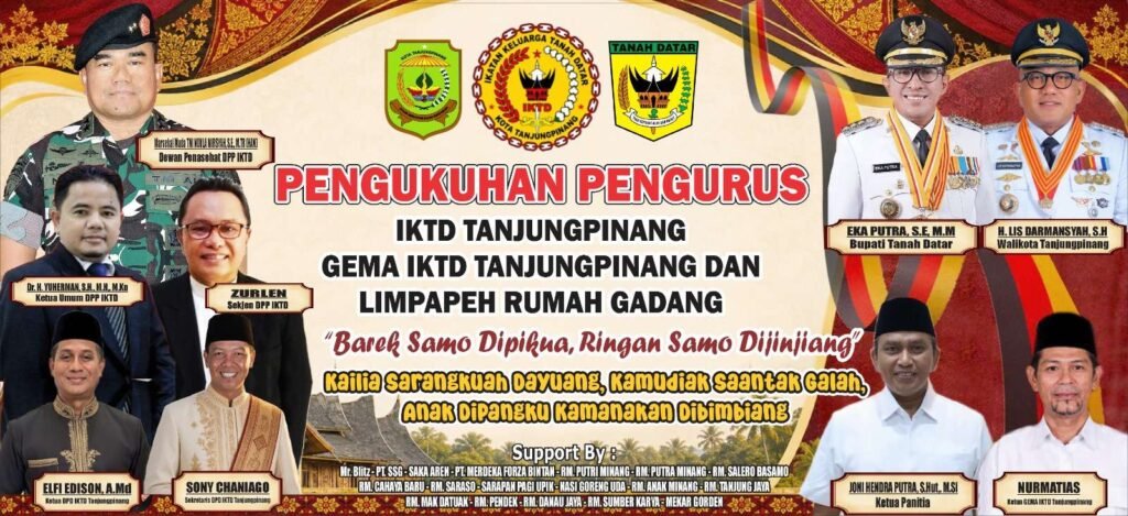 Spanduk Pengukuhan Pengurus IKTD Tanjungpinang 2026-2030 di Pinang Harmoni, Jalan DI Panjaitan Kilometer 7, Kota Tanjungpinang yang digelar pada Sabtu (05/09/2026) malam.
