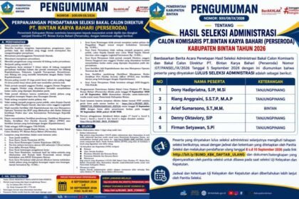Pengumuman Lima Calon Komisaris PT. Bintan Karya Bahari (Perseroda) Ditetapkan, Pendaftaran Dirut Masih Diperpanjang