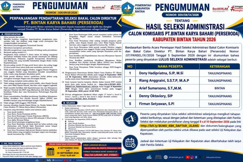 Pengumuman Lima Calon Komisaris PT. Bintan Karya Bahari (Perseroda) Ditetapkan, Pendaftaran Dirut Masih Diperpanjang
