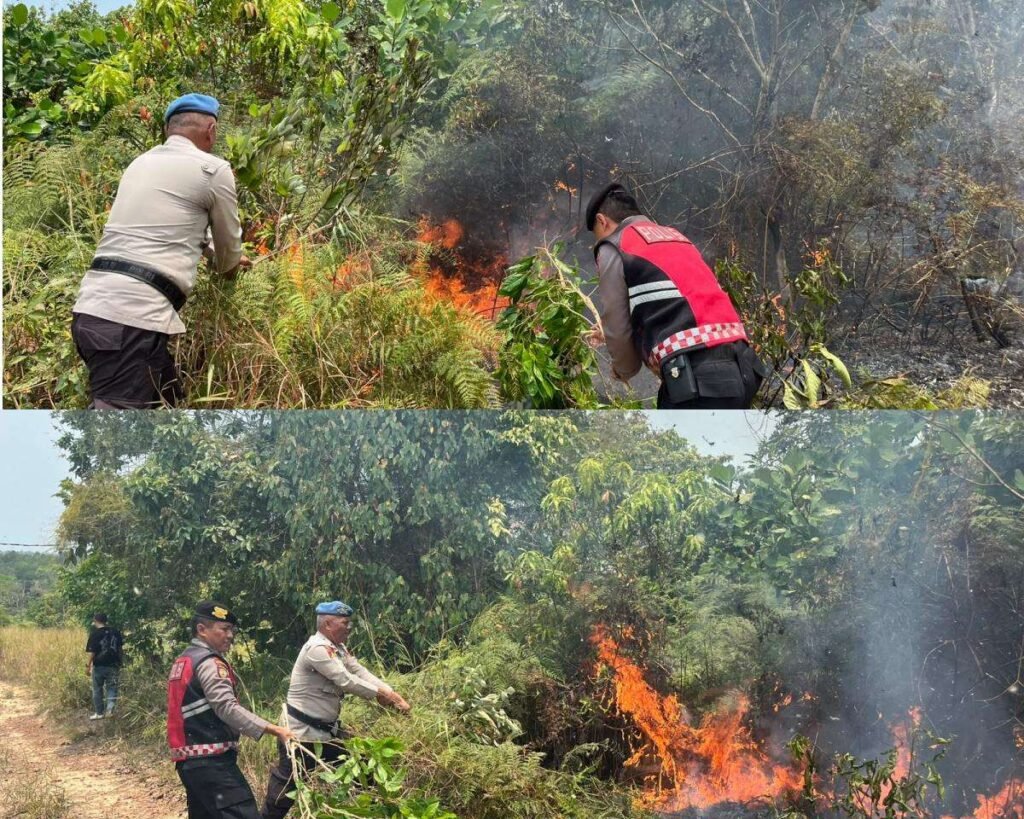Sejumlah personil Polsek Bukit Bestari Bersama Damkar dan Warga terjun ke lapangan guna padamkan kebakaran lahan 1,5 hektare di Dompak Kecamatan Bukit Bestari, Kota Tanjungpinang, Provinsi Kepulauan Riau, Rabu (09/09/2026).