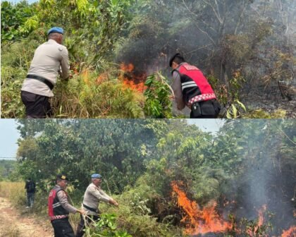 Sejumlah personil Polsek Bukit Bestari Bersama Damkar dan Warga terjun ke lapangan guna padamkan kebakaran lahan 1,5 hektare di Dompak Kecamatan Bukit Bestari, Kota Tanjungpinang, Provinsi Kepulauan Riau, Rabu (09/09/2026).